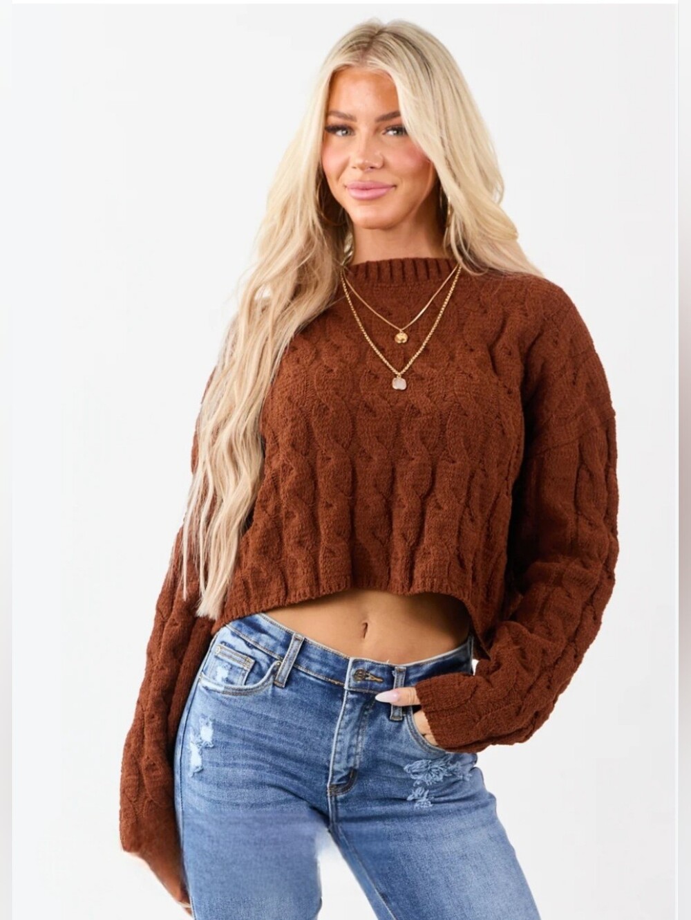 NWOT Double Zero Cropped Chunky Knit Chocolate Brown Sweater